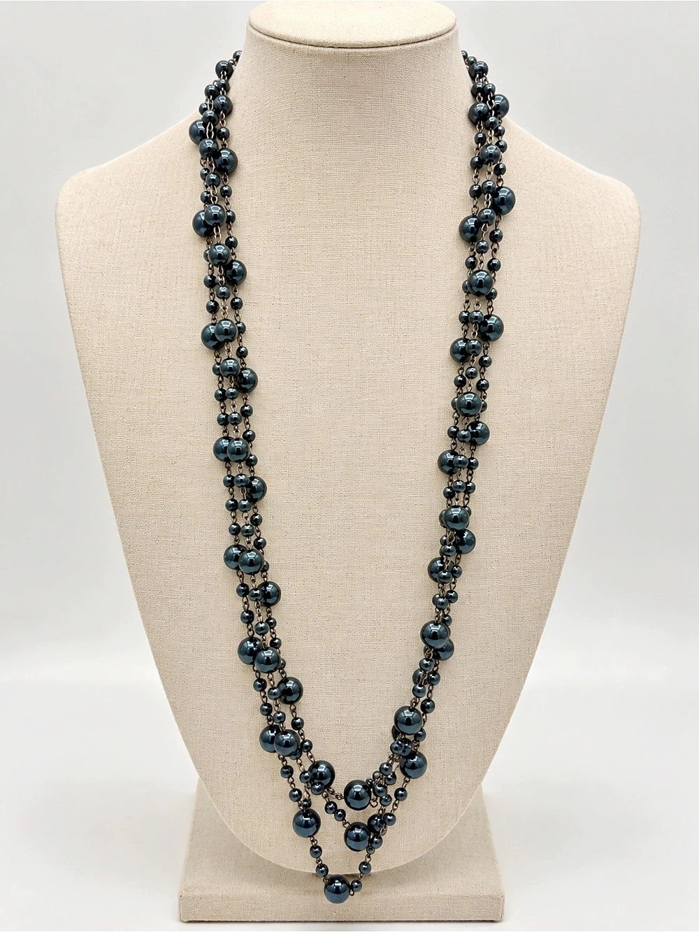 Blue Faux Pearl Multi-Strand Statement Necklace 32” Adjustable Like New✨✨